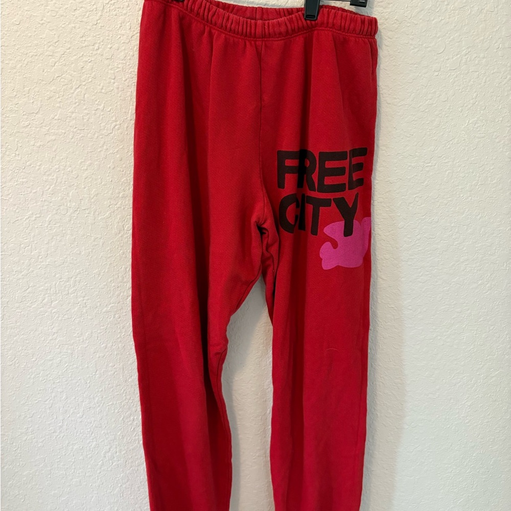Freecity Red Track Pants with Black and Pink Logo